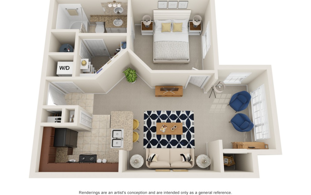 A1S - 1 bedroom floorplan layout with 1 bathroom and 651 square feet