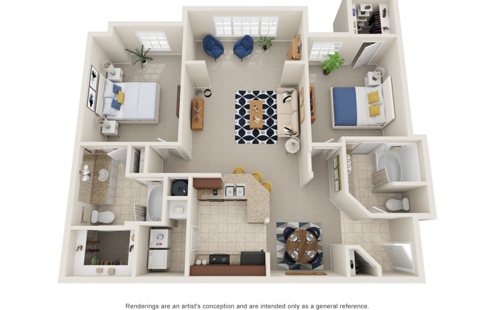 B1S - 2 bedroom floorplan layout with 2 bathrooms and 1255 square feet