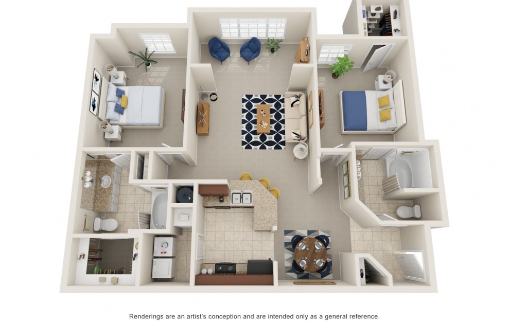 B1S - 2 bedroom floorplan layout with 2 baths and 1255 square feet.