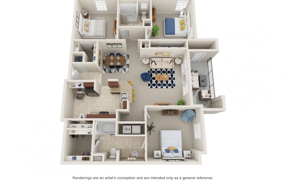 C1 - 3 bedroom floorplan layout with 2 baths and 1408 square feet.